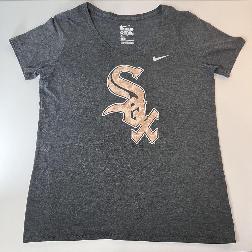 Chicago White Sox Shirt Womens XL Gray MLB Baseball Nike Camo Logo V Neck Tee